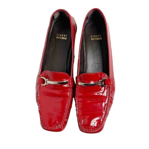 Vintage Stuart Weitzman Moccasins Loafers Patent Red Leather Silver Buckle 9.5 - Picture 1 of 11